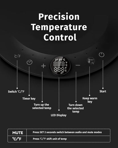 0.8L Gooseneck Electric Kettle, Precise Temperature Control for Pour Over Coffee & Tea, 1200W Fast Boiling Water, Auto Shut Off, Scheduling, Stainless Steel, Black