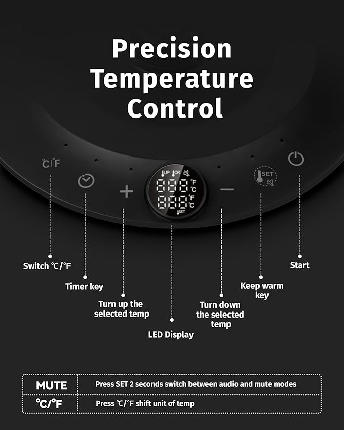 0.8L Gooseneck Electric Kettle, Precise Temperature Control for Pour Over Coffee & Tea, 1200W Fast Boiling Water, Auto Shut Off, Scheduling, Stainless Steel, Black