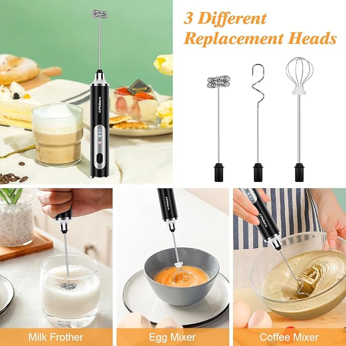 Philorn Milk Frother Wand Rechargeable, Handheld Coffee Drink Mixer Frother Foam Maker with 3 Heads 3 Speed for Lattes, Cappuccino, Frappe, Matcha, Hot Chocolate Egg Black (Black)