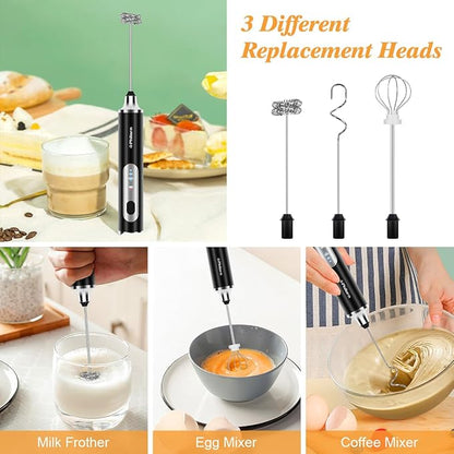 Philorn Milk Frother Wand Rechargeable, Handheld Coffee Drink Mixer Frother Foam Maker with 3 Heads 3 Speed for Lattes, Cappuccino, Frappe, Matcha, Hot Chocolate Egg Black (Black)