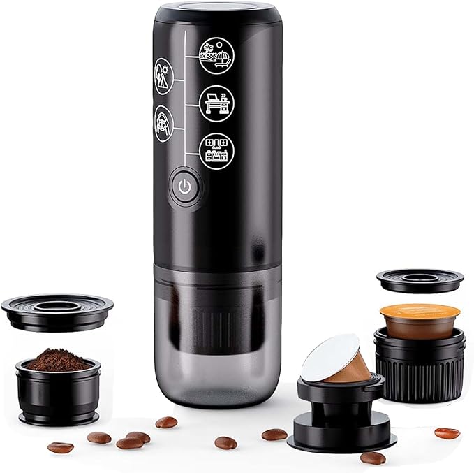 Portable Espresso Machine Mini 12V Rechargeable 3-in-1 Multi-Function Electric Coffee Machine One Key Extraction Compatible with NS & DG Capsules and Ground Coffee for Office Home (Black)