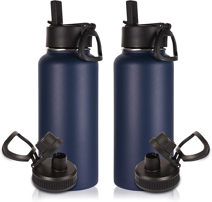 Volhoply 32 oz Insulated Water Bottles Bulk 2 Pack with Straw Lid & Spout Lid,Stainless Steel Sports Water Bottle,Double Wall Vacuum Cups,Leakproof Wide Mouth Metal Flask for Travel(Navy,2)