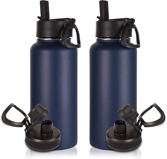Volhoply 32 oz Insulated Water Bottles Bulk 2 Pack with Straw Lid & Spout Lid,Stainless Steel Sports Water Bottle,Double Wall Vacuum Cups,Leakproof Wide Mouth Metal Flask for Travel(Navy,2)