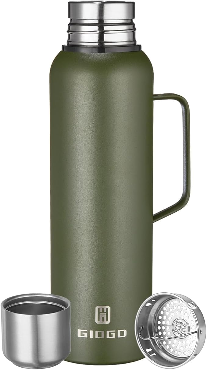 Insulated Vacuum Thermo Bottle 1500ml/50.7oz with Cup Stainless Steel Coffee Bottles for Hot and Cold Drink Water Flask.(Green, with Handle, 1500ml)
