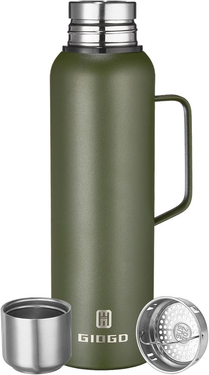 Insulated Vacuum Thermo Bottle 1500ml/50.7oz with Cup Stainless Steel Coffee Bottles for Hot and Cold Drink Water Flask.(Green, with Handle, 1500ml)