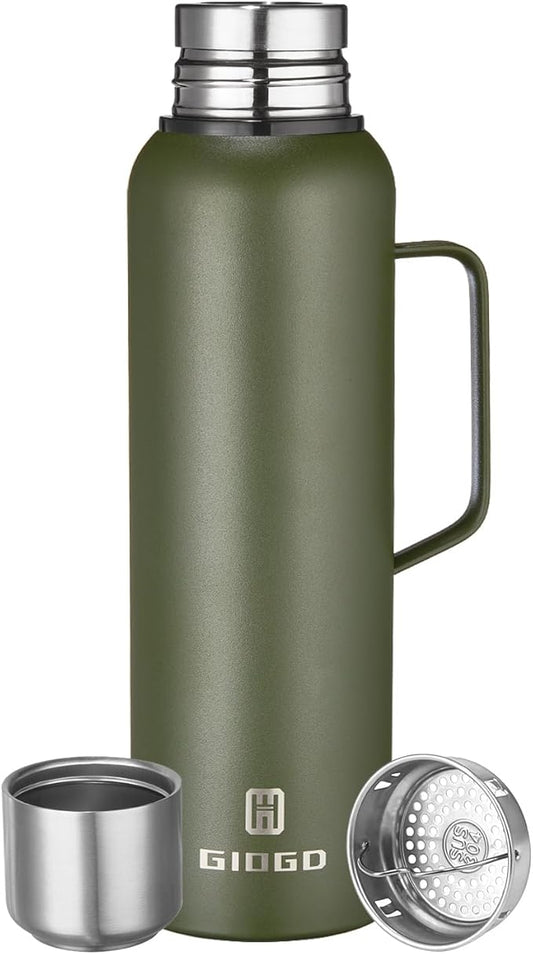 Insulated Vacuum Thermo Bottle 1500ml/50.7oz with Cup Stainless Steel Coffee Bottles for Hot and Cold Drink Water Flask.(Green, with Handle, 1500ml)