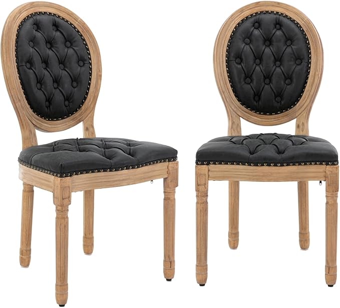 French Country Dining Chairs Set of 2, Vintage Wooden Dining Chairs with PU Leather Upholstered Tufted Seat,Solid Wood Legs&Frame, Farmhouse Kitchen&Living Room Chairs(Black,2 Pcs)