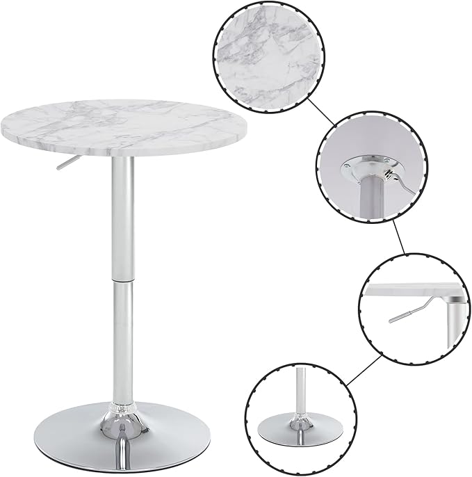 23.6" Round Bar Table, Adjustable Height Bar Table, Modern Cocktail Bar Table with MDF Top and Metal Base, Bistro Pub Table Suitable for Café, Kitchen Island, Bar Counter, White