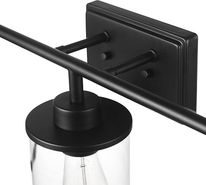 GLOBE Electric 52059 Harlow 5-Piece All-in-One Bathroom Set, Matte Black, 3-Light Vanity Light with Clear Glass Shades, Towel Bar, Toilet Paper Holder, Towel Ring, Robe Hook