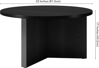 Henn&Hart 32" Round Wood Pedestal Coffee Table for Living Room, Family Room, Office, or Apartment, Black Grain