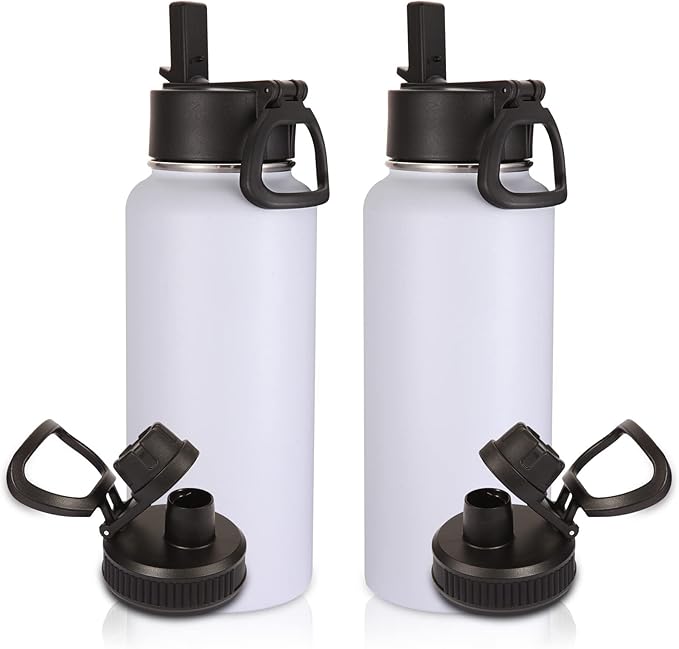 Volhoply 32 oz Water Bottles Bulk 2 Pack with Straw Lid & Spout Lid,Insulated Sports Water Bottle,Double Wall Vacuum Stainless Steel Cups,Leakproof Wide Mouth Metal Flask for Travel(White,2)