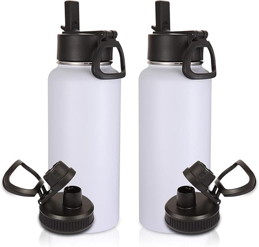 Volhoply 32 oz Water Bottles Bulk 2 Pack with Straw Lid & Spout Lid,Insulated Sports Water Bottle,Double Wall Vacuum Stainless Steel Cups,Leakproof Wide Mouth Metal Flask for Travel(White,2)