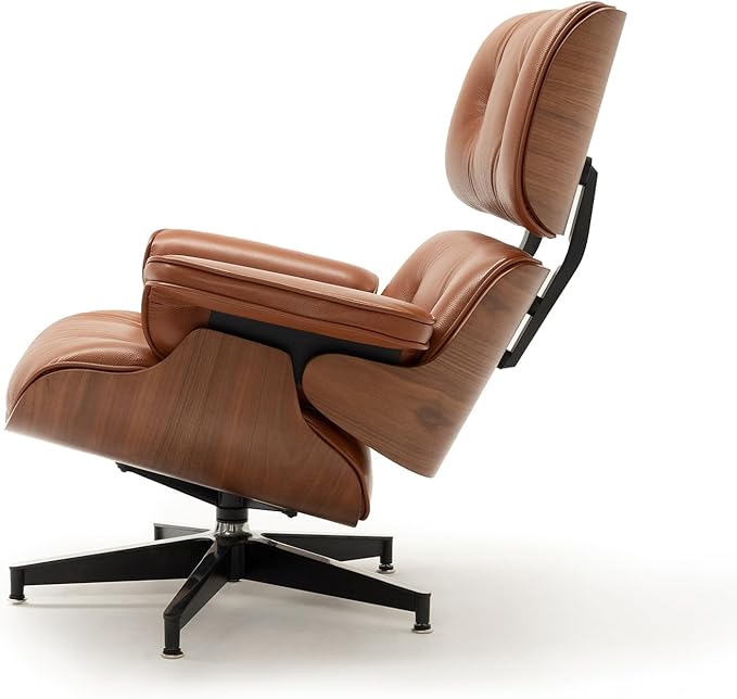 Top Black Grain Leather, Mid Century Chaise Lounge Chair and Ottoman, Modern Chair Classic Design, Heavy Duty Base Support for Living Room Study Lounge Office (Tall, Walnut-Brown)