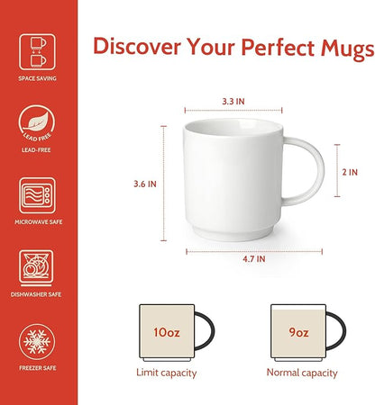 Sweese 10 Oz Stackable White Coffee Mug, Porcelain Coffee Mugs Sets of 6, Coffee Cups with Handle for Specialty Coffee Drinks, Cappuccino, Cafe Mocha, Latte and Tea, White