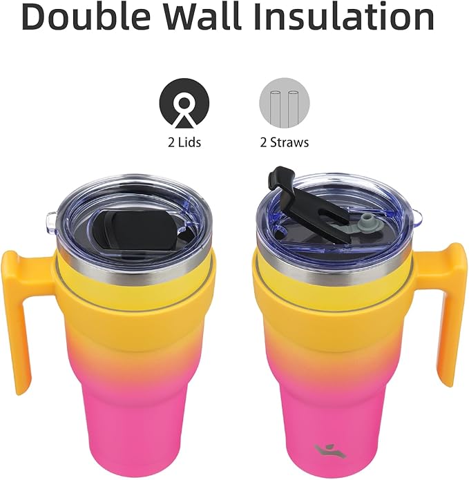 30 oz Tumbler with Handle and 2 Straw 2 Lid, Insulated Water Bottle Stainless Steel Vacuum Cup Reusable Travel Mug,Rainbow