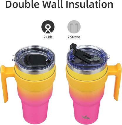 40 oz Tumbler with Handle and 2 Straw 2 Lid, Insulated Water Bottle Stainless Steel Vacuum Cup Reusable Travel Mug,Rainbow