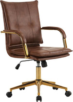 Load image into Gallery viewer, MOJAY Mid-Back Ergonomic Leather Office Desk Chair, Modern Upholstered Computer Chair, Executive Office Chair with Arms, Swivel Adjustable Rolling Chair with Gold Base (Brown)