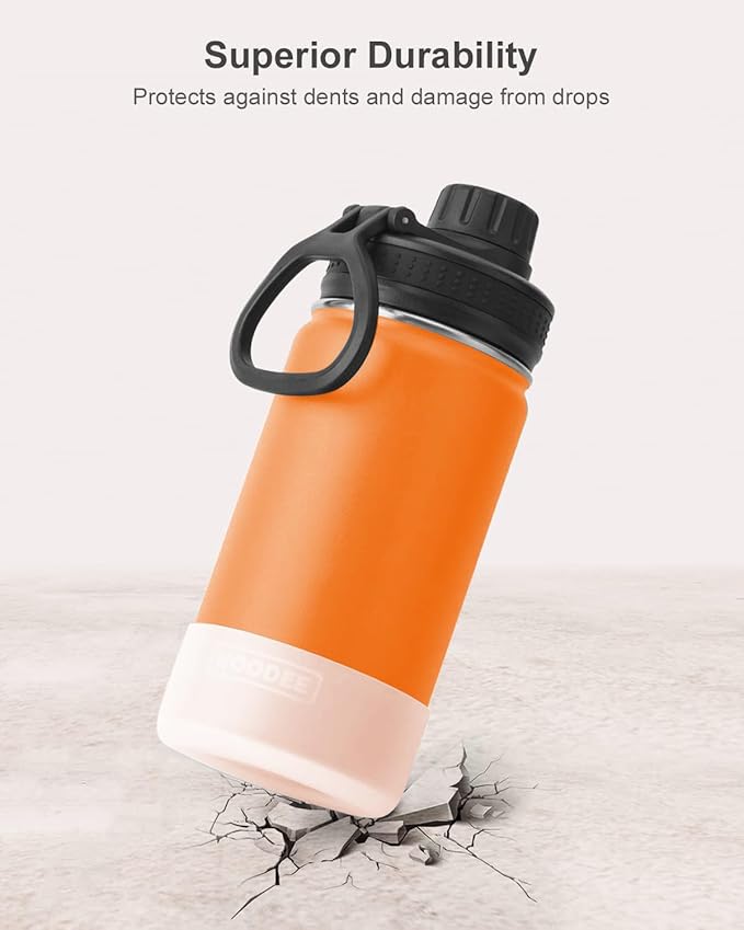 koodee Small Water Bottle 12 oz Stainless Steel Vacuum Insulated Wide Mouth Water Bottle with Leakproof Spout Lid（Cosmic Orange）