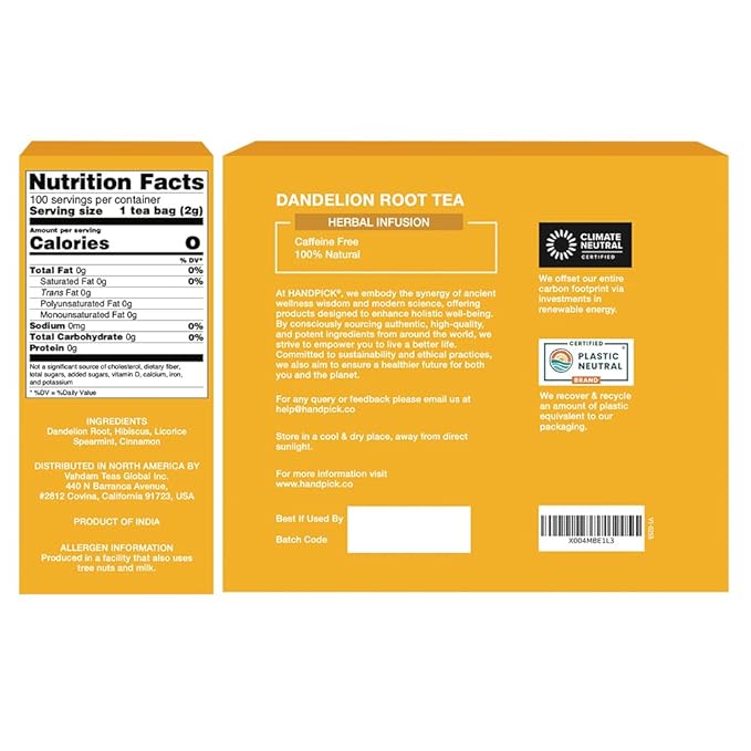 HANDPICK - Dandelion Root Tea bags, 100 Teabags - Natural Dandelion Herbal Tea for Liver & Kidney Health - Non-GMO - Caffeine-free - Support Digestion & Boost Immune System