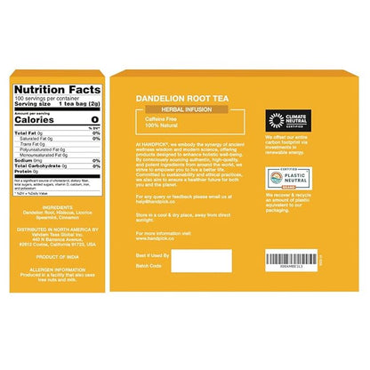 HANDPICK - Dandelion Root Tea bags, 100 Teabags - Natural Dandelion Herbal Tea for Liver & Kidney Health - Non-GMO - Caffeine-free - Support Digestion & Boost Immune System