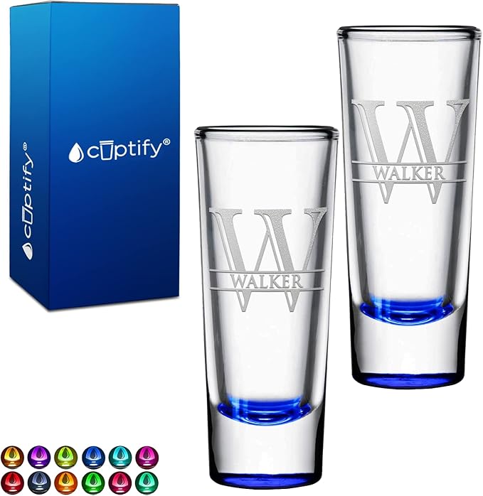 Personalized Shot Glasses Set of 2 Blue Bottom Custom 2 oz Cordial Shot Glass Initial and Name for Gifts, Weddings, Birthdays, Party, Event, Decorations