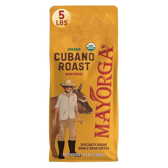 Mayorga Dark Roast Coffee 5lb bag Cubano Roast 100% Arabica Café Whole Coffee Beans - Smoothest Organic Coffee - Specialty Grade, Non-GMO, Direct Trade
