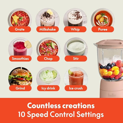 bella 10 Speed Countertop Blender, Juicer & Smoothie Maker, Fits-anywhere™ Kitchenware, Slim Flip & Store Design, Dishwasher Safe 48oz Capacity Pitcher & Lid, Stainless Steel Blade, 450 Watt, Blossom