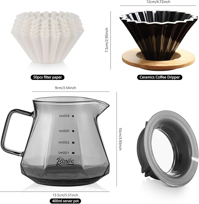 Bincoo 400ML Pour Over Coffee Maker Set with Filter Paper,Ceramic Coffee Dripper with Wood Stand Set for 1-2 Cups-Professional Brewing Tools for Pour Over & Drip for Home Office (Black)