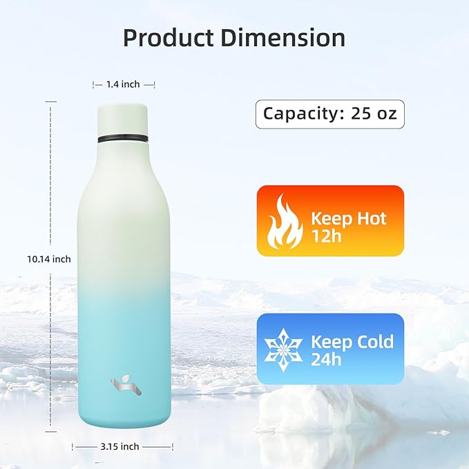 Insulated Water Bottle with Strap,25 oz Double Wall Stainless Steel Vacuum Bottles Metal Water Flask,Mint