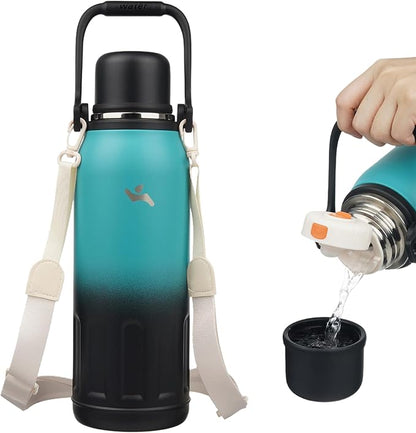 Insulated Water Bottle with Handle and Strap,Vacuum Travel Tumbler with Cup Lid,Thermo Coffee Cup for Hot Cold Drinks 50 OZ,TealBlack