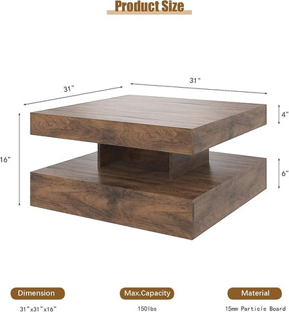 LED Coffee Table for Living Room, Living Room Table 2-Tier Square Middle Center Table, Modern Coffee Tables with Storage, Contemporary Wood Tea Tables for Dining Reception, Rustic