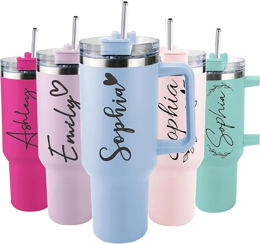 Ships Next Day,40 oz Tumbler with Handle and Straw,Custom Stainless Steel Insulated Cups with Name Travel Coffee Mug Personalized Wedding Mother's Birthday Christmas Gifts for Women