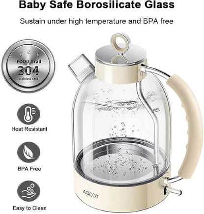 ASCOT Electric Kettle, Glass Electric Tea Kettle Gifts for Men/Women/Family 1.5L 1500W Borosilicate Glass Tea Heater, with Auto Shut-Off and Boil-Dry Protection (Beige)