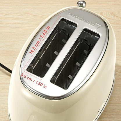 Toaster Retro 2 Slice, Vintage White Toaster with Lid, with Bread Attachment, Preheat, Defrost And Cancel Functions, 6 Browning Levels (Beige)