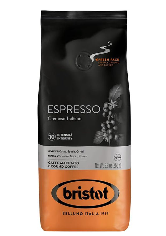 Bristot Espresso Cremoso Italiano Ground Coffee – Medium Roast, Rich & Smooth – 8.8oz (250g) Bag – Italian Ground Espresso for Home Machines