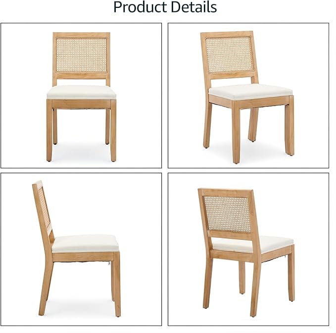 French Country Dining Chairs Set of 6, Beige Modern Kitchen & Dining Room Chairs, Rattan Dining Chair with Linen Upholstered Cushion, Low Cane Back, Wood Legs, Sillas de Comedor (Beige, 6 Pcs)