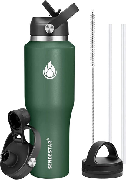 SENDESTAR 40oz Water Bottle Wide Mouth Stainless Steel Vacuum Insulated Double Wall with 2 Straw Lids Fit in Any Car Cup Holder TXIN-40-Dark Green