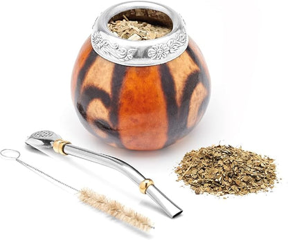 BALIBETOV Yerba Mate Gourd Set (Original Natural Handmade Yerba Mate Cup Argentina) - Includes Mate Tea Cup, Bombilla (Mate Straw) and Clean Brush - Classic Mate Cup and Bombilla Set (NATURAL 02)
