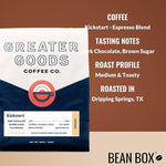 Load image into Gallery viewer, Kickstart - Espresso Blend - Roasted by Greater Goods Coffee Co. - Whole Bean Coffee - 2 Pound Bag