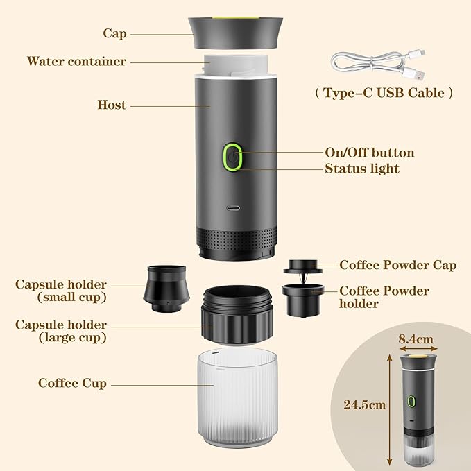 Portable Espresso Maker, Travel Coffee Maker for camping, Portable Espresso Machine with USB-C, 3-in-1 Small Espresso Machine with Ground Coffee & Capsules (NS＆DG) for RV, Hiking, Office (Gray)