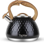 Load image into Gallery viewer, Tea Kettle, Toptier Teapot Whistling Kettle with Wood Pattern Handle Loud Whistle, Food Grade Stainless Steel Tea Pot for Stovetops Induction Diamond Design Water Kettle, 2.7-Quart Black