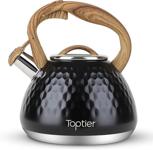 Tea Kettle, Toptier Teapot Whistling Kettle with Wood Pattern Handle Loud Whistle, Food Grade Stainless Steel Tea Pot for Stovetops Induction Diamond Design Water Kettle, 2.7-Quart Black