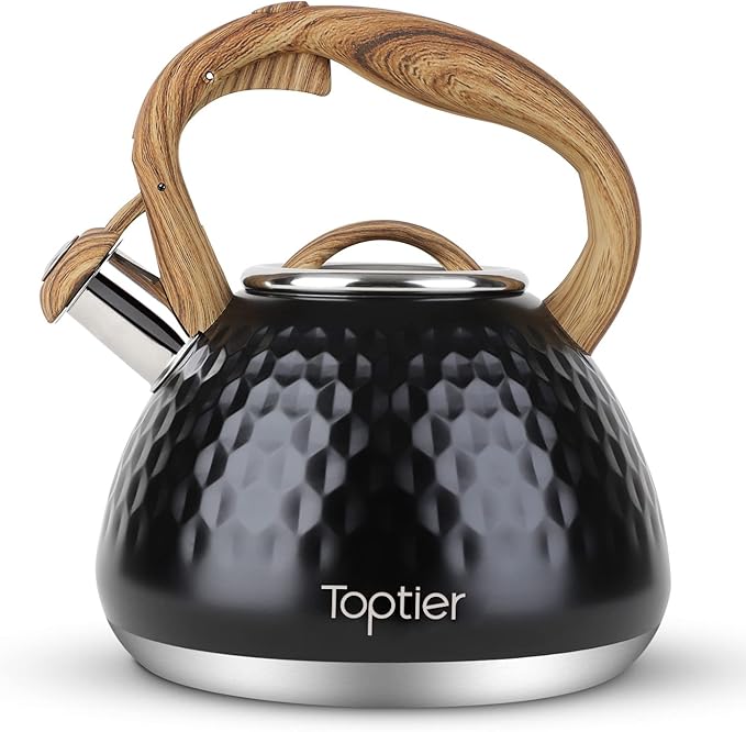 Tea Kettle, Toptier Teapot Whistling Kettle with Wood Pattern Handle Loud Whistle, Food Grade Stainless Steel Tea Pot for Stovetops Induction Diamond Design Water Kettle, 2.7-Quart Black