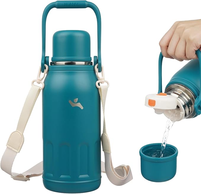 Insulated Water Bottle with Handle and Strap,Vacuum Travel Tumbler with Cup Lid,Thermo Coffee Cup for Hot Cold Drinks 40 OZ,Lake Blue