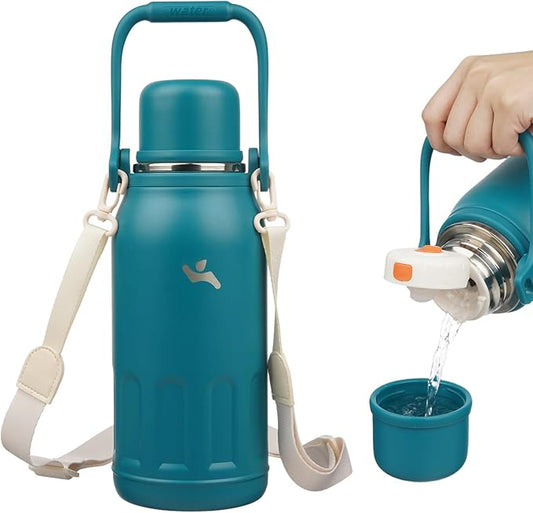 Insulated Water Bottle with Handle and Strap,Vacuum Travel Tumbler with Cup Lid,Thermo Coffee Cup for Hot Cold Drinks 40 OZ,Lake Blue