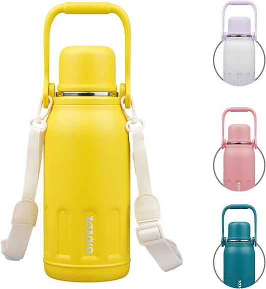 BJPKPK Insulated Thermal 40oz Disherwasher Safe Water Bottle with Handle and Lid Stainless Steel Water Bottles For Cold and Hot Beverages,Yellow
