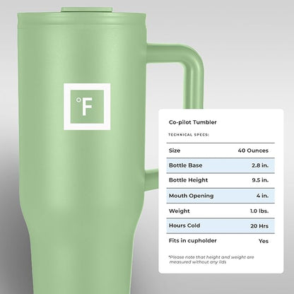 IRON °FLASK Co-Pilot Insulated Mug w/Straw & Flip Cap Lids - Cup Holder Bottle for Hot, Cold Drink - Leak-Proof - Water, Coffee Portable Travel Mug - Apple Green, 40 Oz