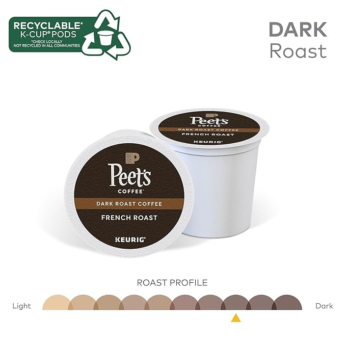 Peet's Coffee French Roast, Dark Roast, 22 Count Single Serve K-Cup Coffee Pods for Keurig Coffee Maker