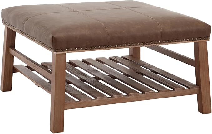 Kmax 32-Inch Dark Brown Faux Leather Coffee Table Large Square Ottoman Foot Rest Stool Upholstered Coffee Table with Wooden Shelf Storage for Living Room Office