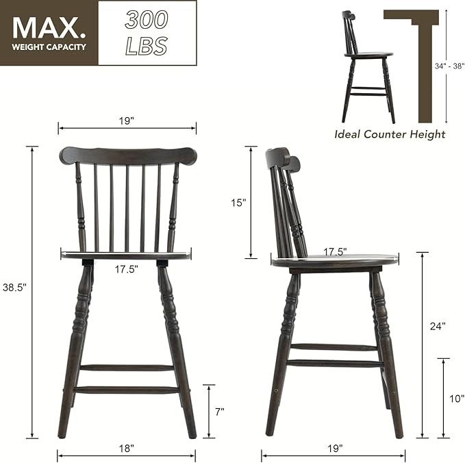 chairus 24" Windsor Counter Height Bar Stools Set of 3, Farmhouse Wooden Counter Stools with Spindle Back & Turned Legs, Rustic Vintage Colonial Bar Chairs for Kitchen Island, Antique Brown